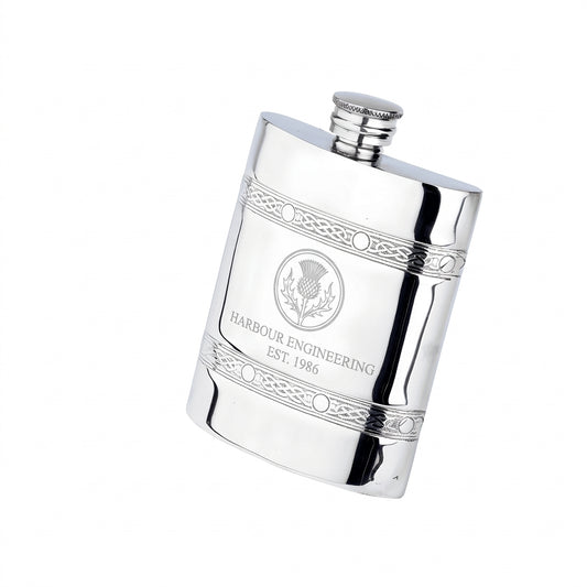 Example engraving (company logo): "HARBOUR ENGINEERING / EST. 1986" on the Oblong 2 Celtic Band Flask