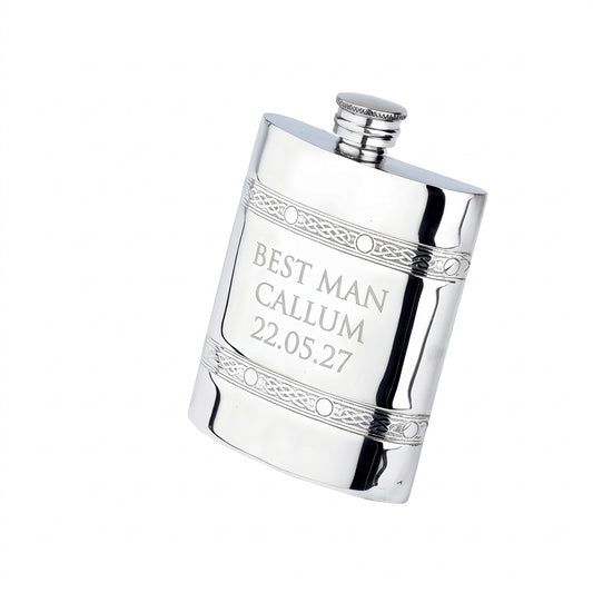 Example engraving (wedding party): "Best Man / Callum / 22.05.27" on the Oblong 2 Celtic Band Flask
