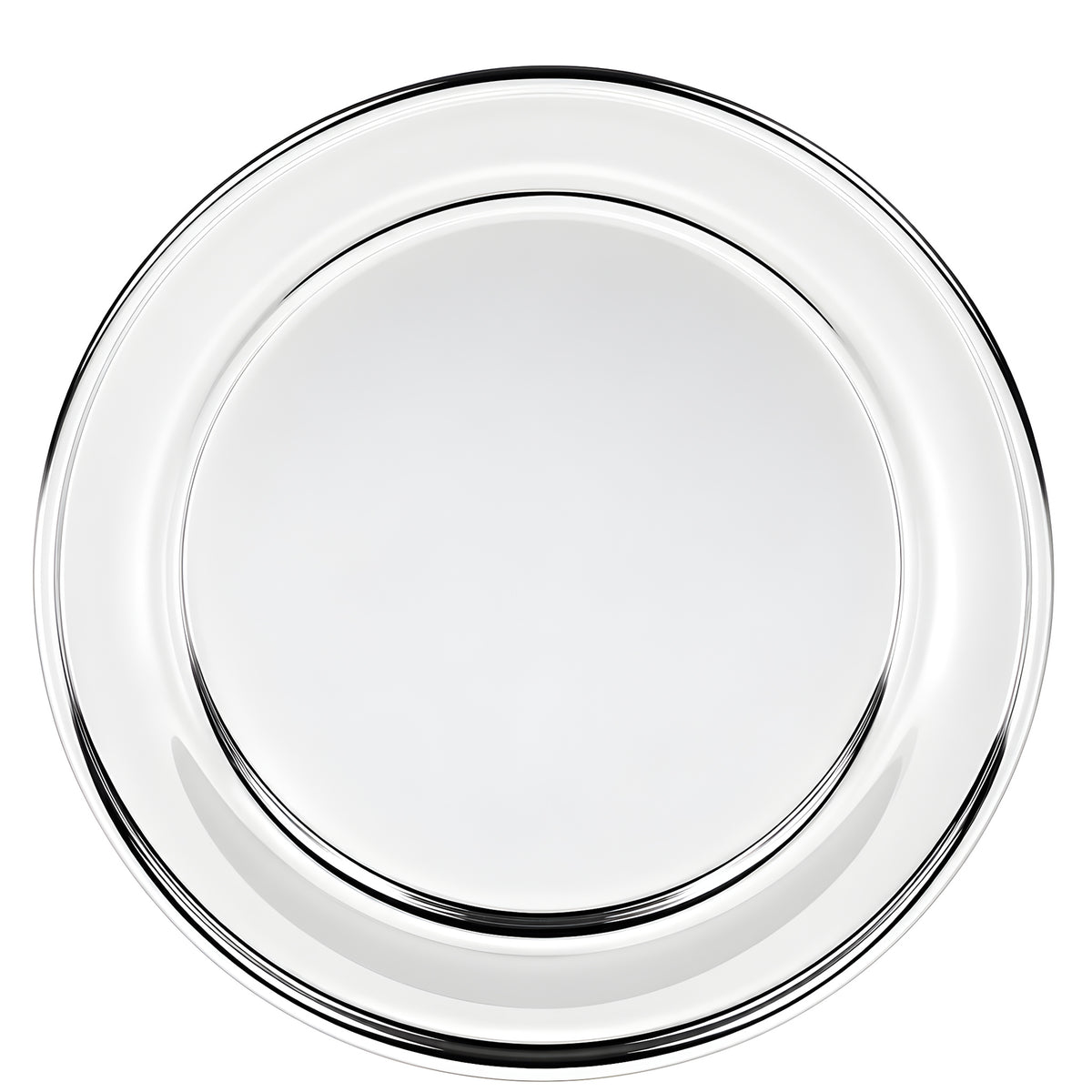 Round silver serving tray with a polished finish, olde English style.