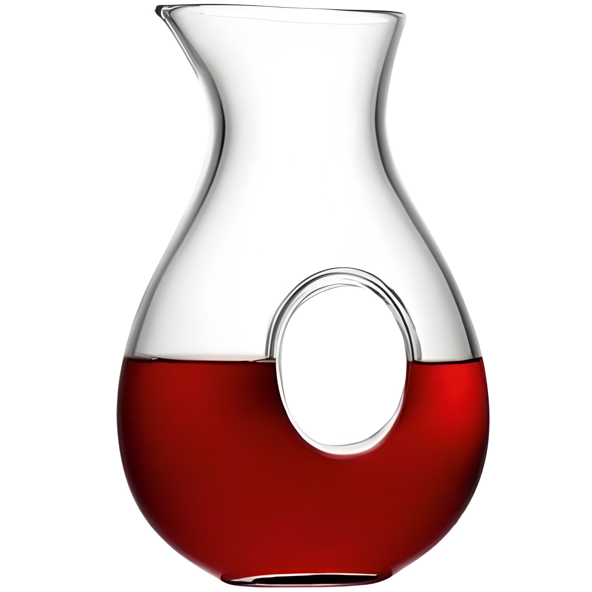 Clear glass pitcher with a circular hole, half-filled with red liquid.