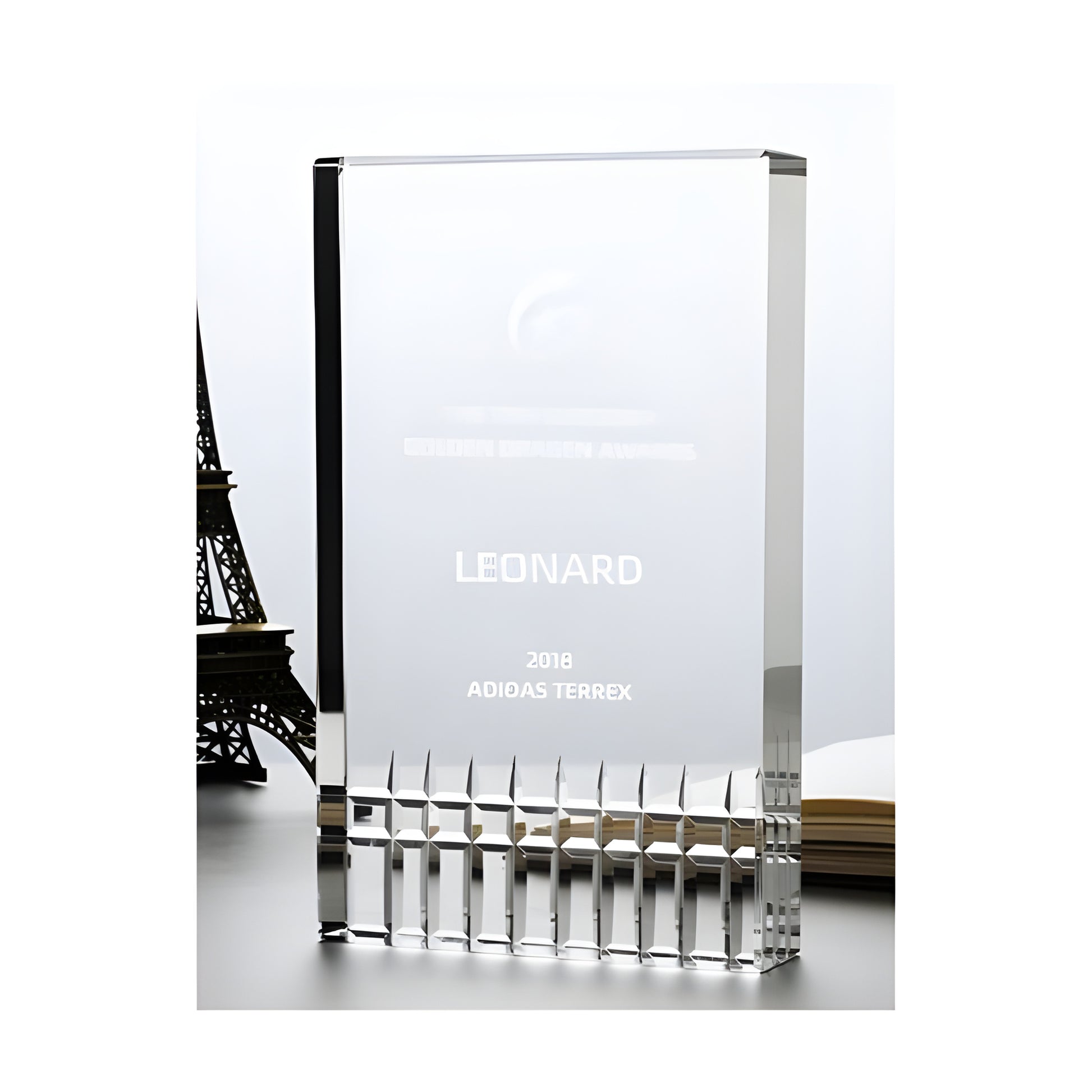 Glass award for Leonard, 2018 Adidas Terrex Golden Dragon awards.