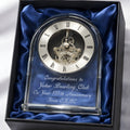 Optical crystal arched clock with engraving for Yoker Bowling Club's 175th anniversary, in a satin-lined box.
