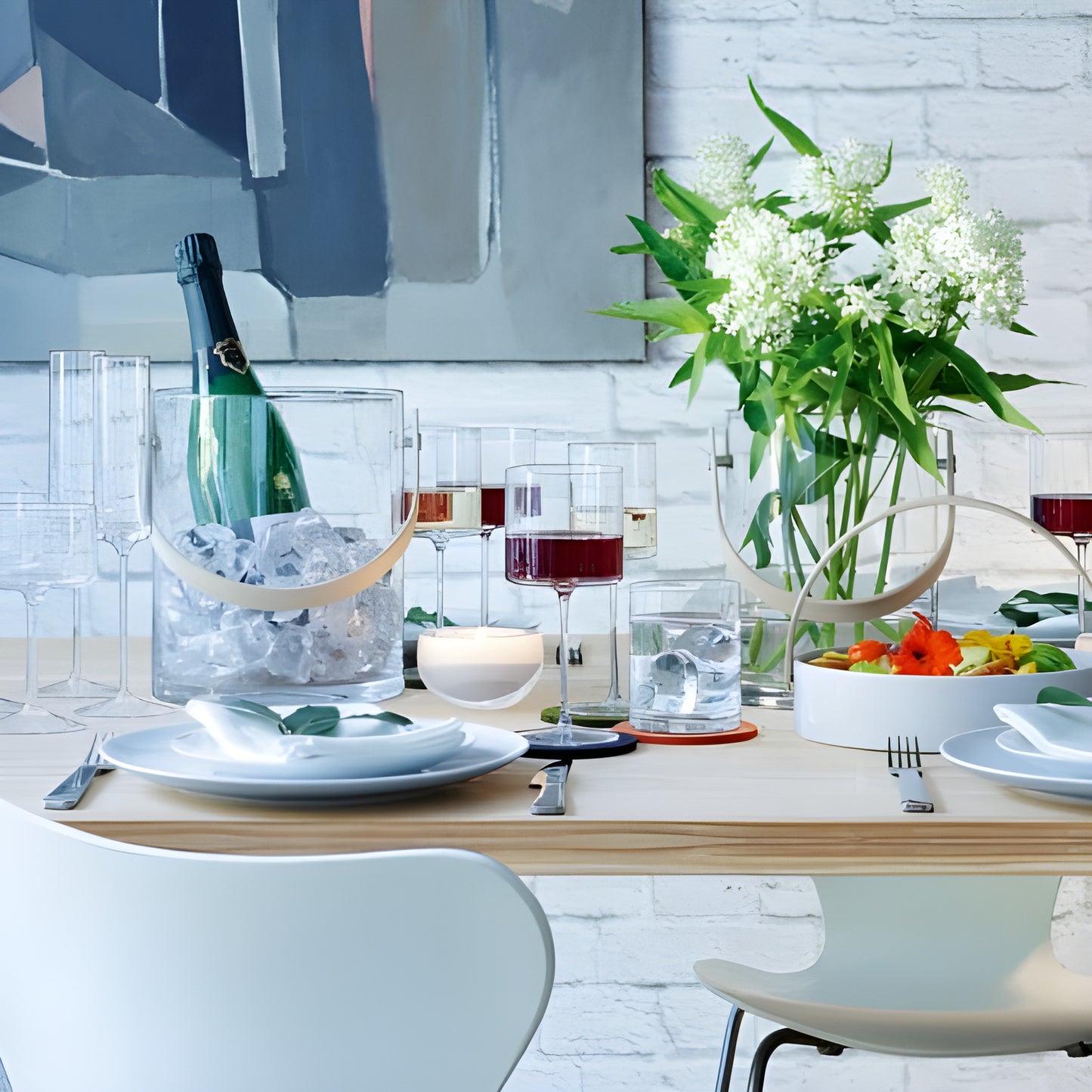 Elegant table setting with champagne flutes, flowers, and modern decor in a bright dining area.