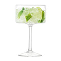 Single glass of champagne cocktail with lime and mint garnish on a clear background.