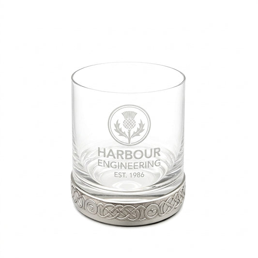 Example engraving (company logo): "HARBOUR ENGINEERING / EST. 1986" on the Pewter Base Whisky Glass
