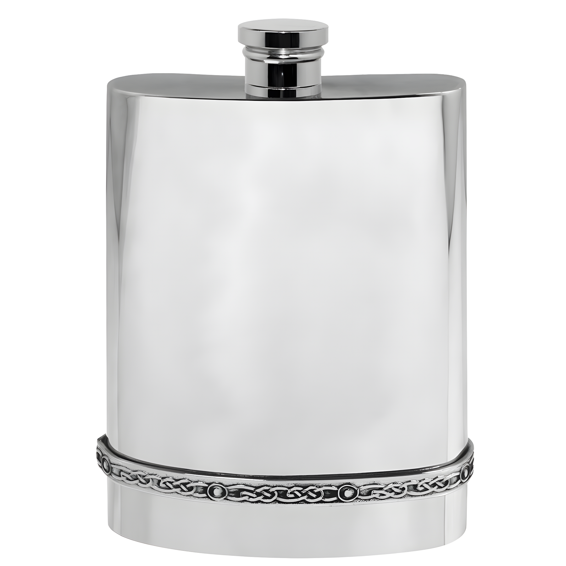 Pewter hip flask with Celtic engraved knot band design.
