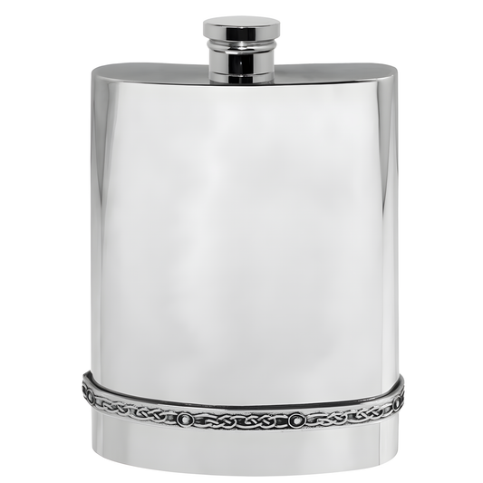 Pewter hip flask with Celtic engraved knot band design.