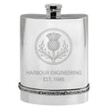 Example engraving (company logo): "HARBOUR ENGINEERING / EST. 1986" on the Pewter Celtic Hip Flask