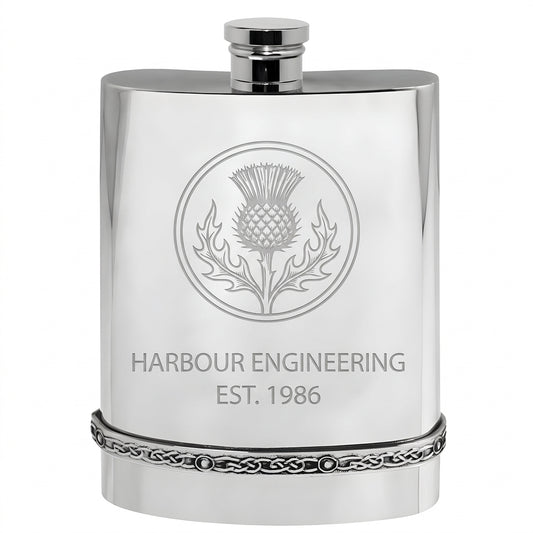 Example engraving (company logo): "HARBOUR ENGINEERING / EST. 1986" on the Pewter Celtic Hip Flask