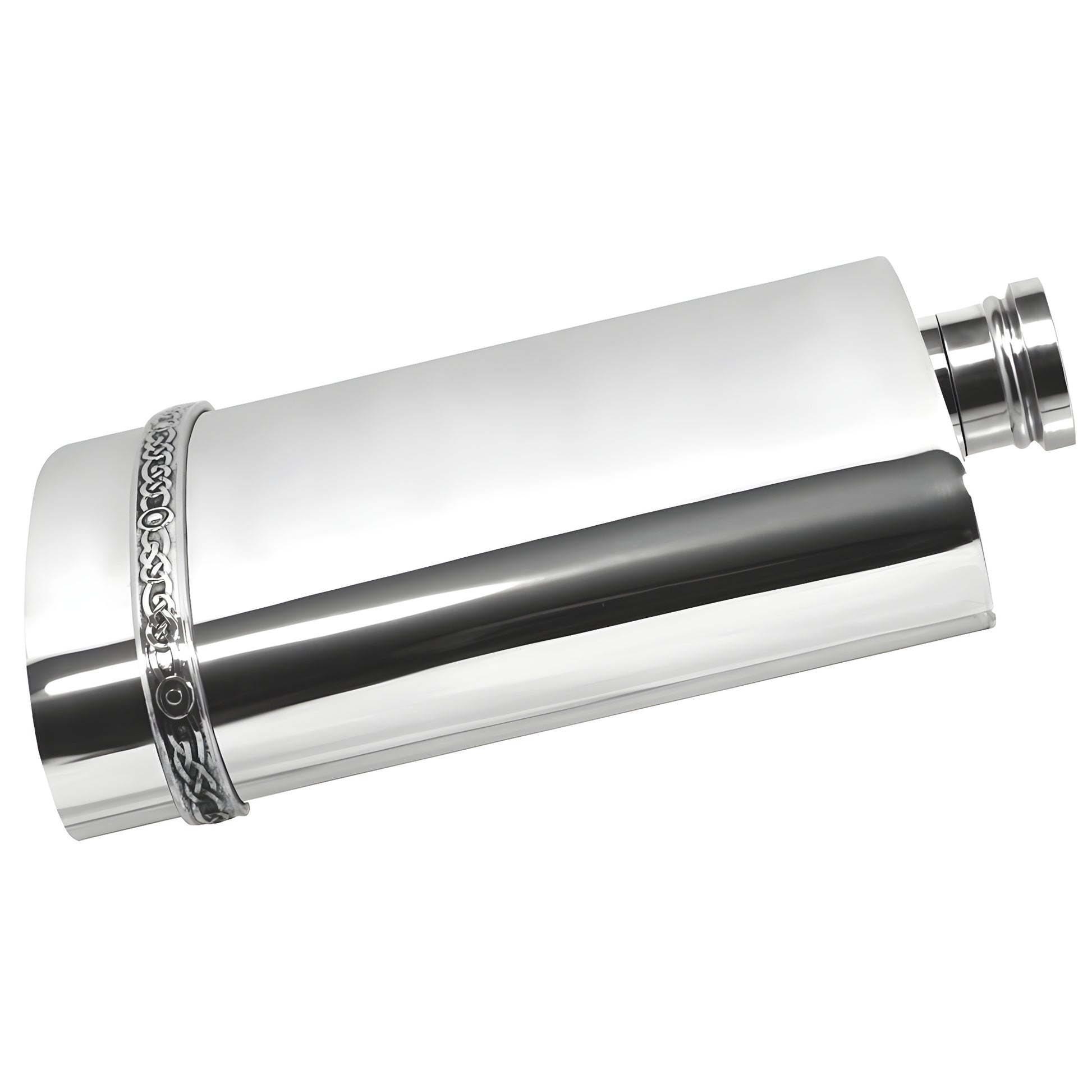 Polished pewter Celtic hip flask with engraved band design.