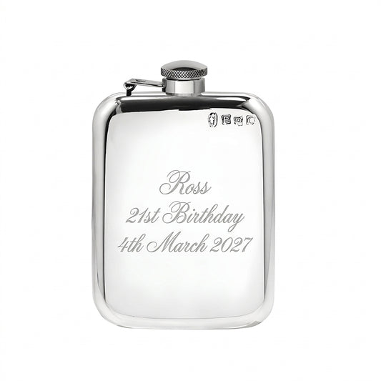 Example engraving (birthday): "Ross / 21st Birthday / 4th March 2027" on the Pewter Hip Flask
