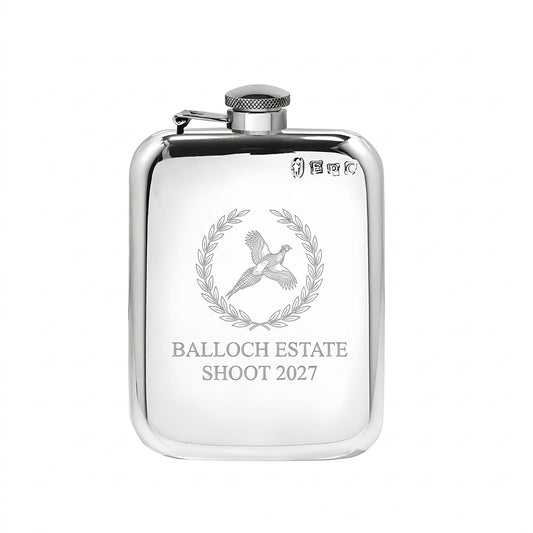 Example engraving (crest): "BALLOCH ESTATE / SHOOT 2027" on the Pewter Hip Flask