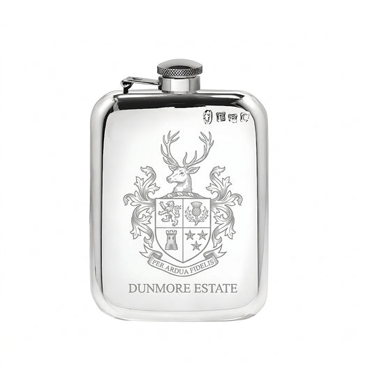 Example engraving (crest): "Dunmore Estate crest / Per Ardua Fidelis" on the Pewter Hip Flask