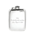 Example engraving (gift for dad): "Dad / For the hill and the road home / Love, Freya & Noah" on the Pewter Hip Flask