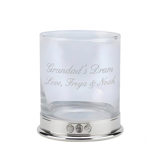Example engraving (gift for dad): "Grandad's Dram / Love, Freya & Noah" on the Pewter Whisky Glass