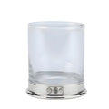 Clear whisky glass with silver base and engraved details.