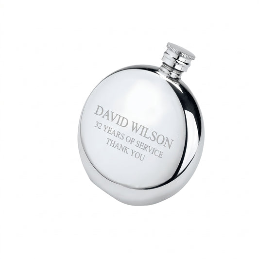 Example engraving (thank you): "David Wilson / 32 Years of Service / Thank You" on the Plain Round Flask 6oz