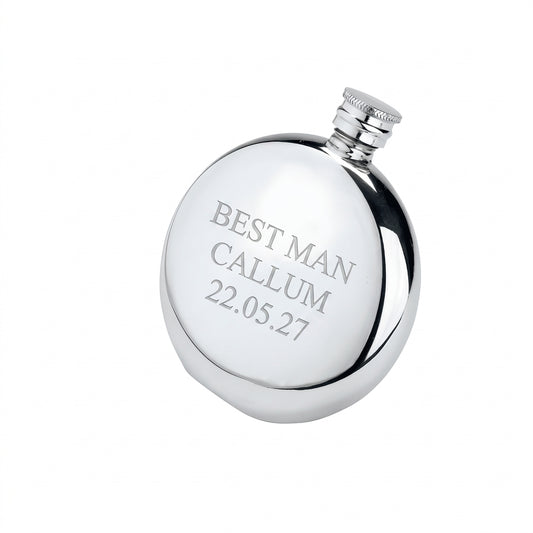 Example engraving (wedding party): "Best Man / Callum / 22.05.27" on the Plain Round Flask 6oz