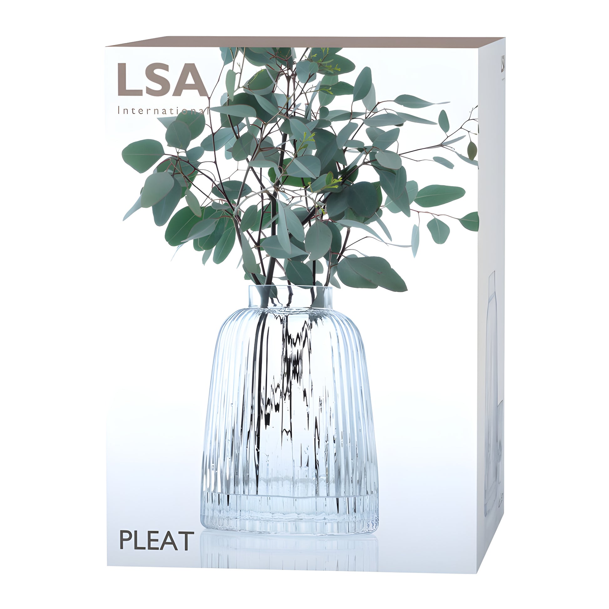 Clear glass pleat vase with green leaves in packaging box.