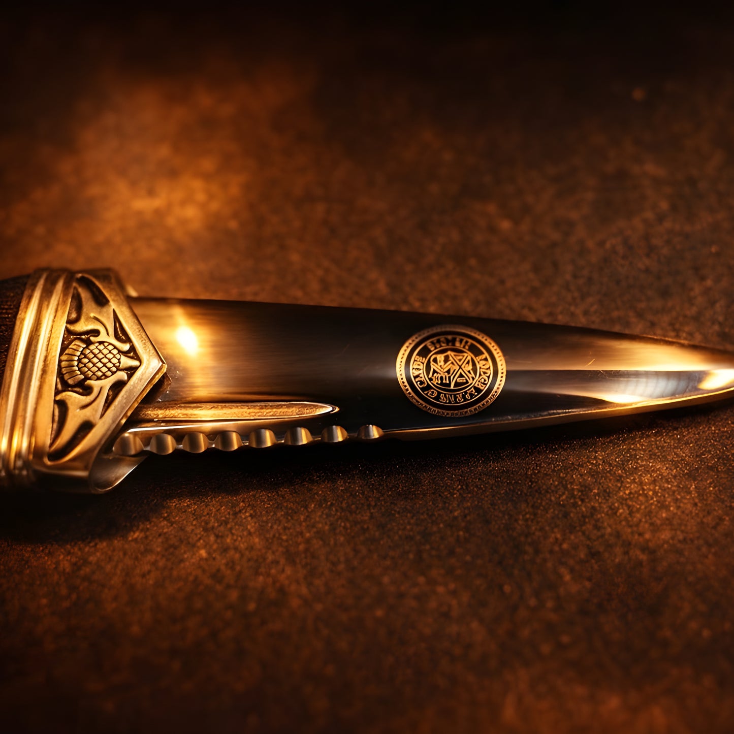 Polished Sgian Dubh knife with thistle design and engraved blade detail.
