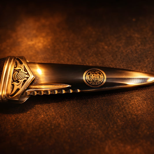 Polished Sgian Dubh knife with thistle design and engraved blade detail.