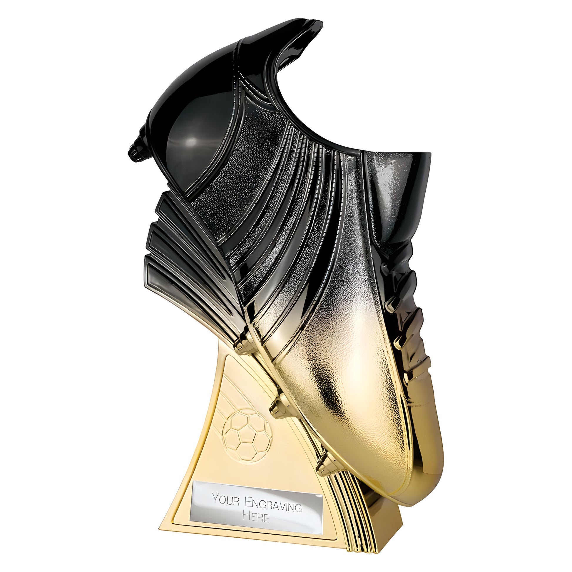 Carbon black and gold football boot trophy with engraving plate for achievement awards.
