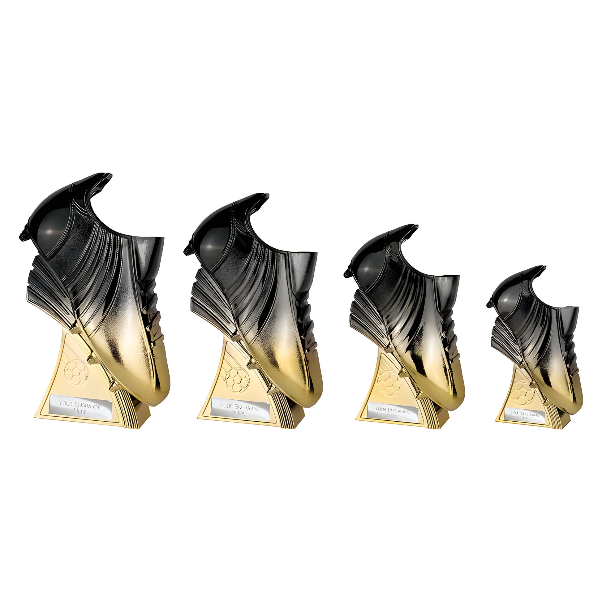 Set of black and gold metallic football boot trophies on display.