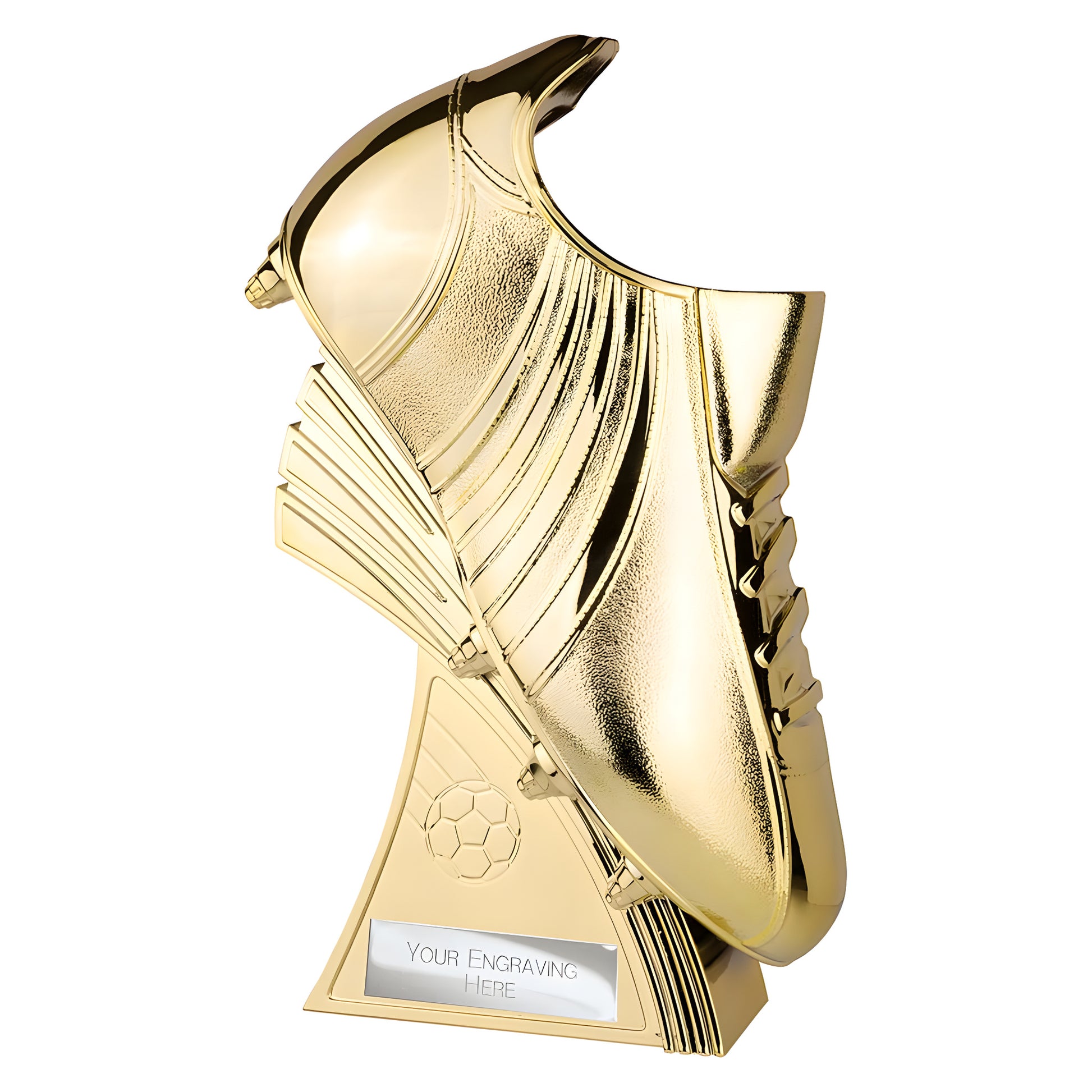 Golden soccer shoe trophy with custom engraving plate for award ceremony.