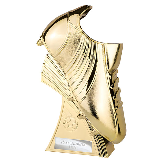 Golden soccer shoe trophy with custom engraving plate for award ceremony.