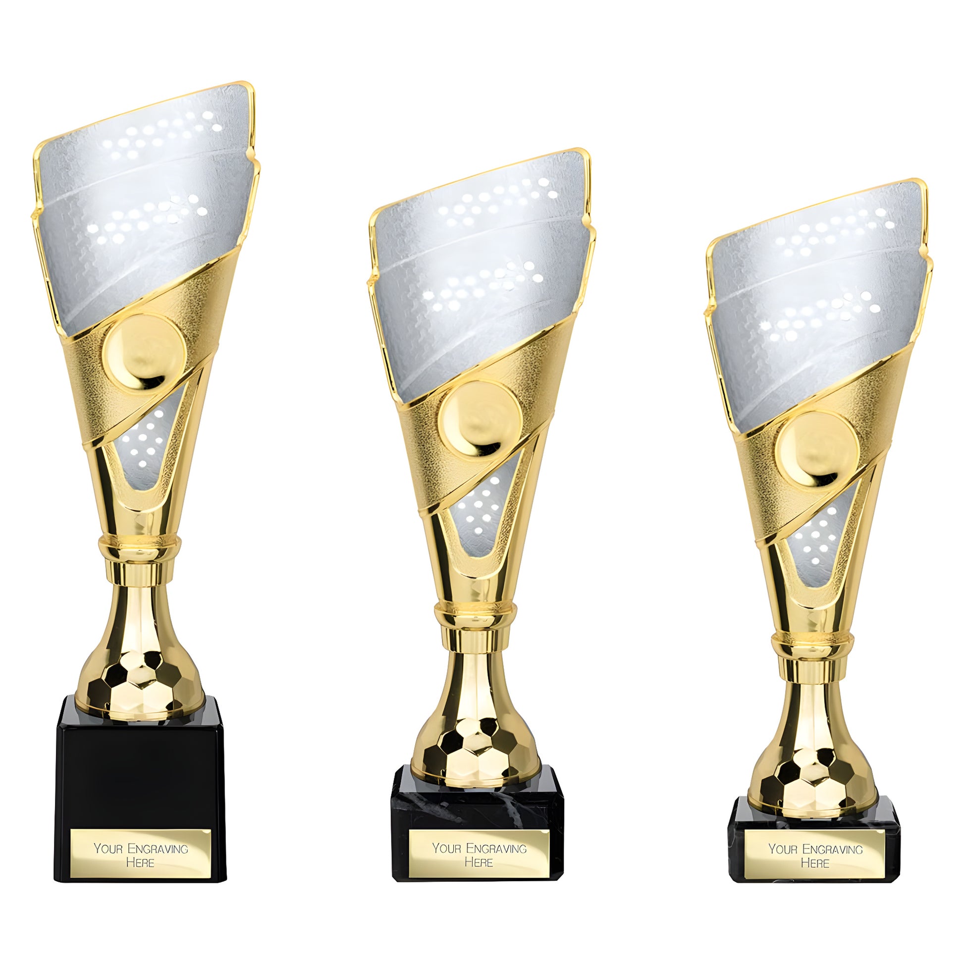 Three gold and silver sports trophies with engraving space on black bases.