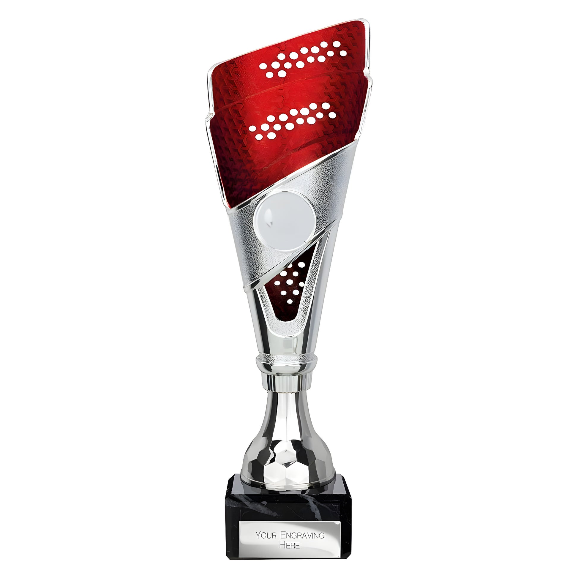 Silver and red modern trophy with engraving option on black base