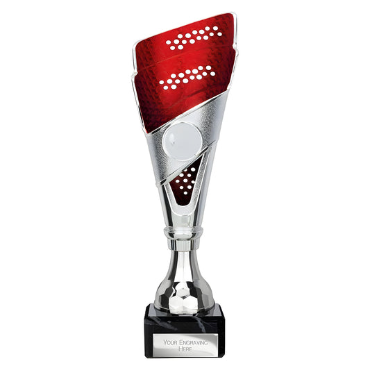 Silver and red modern trophy with engraving option on black base