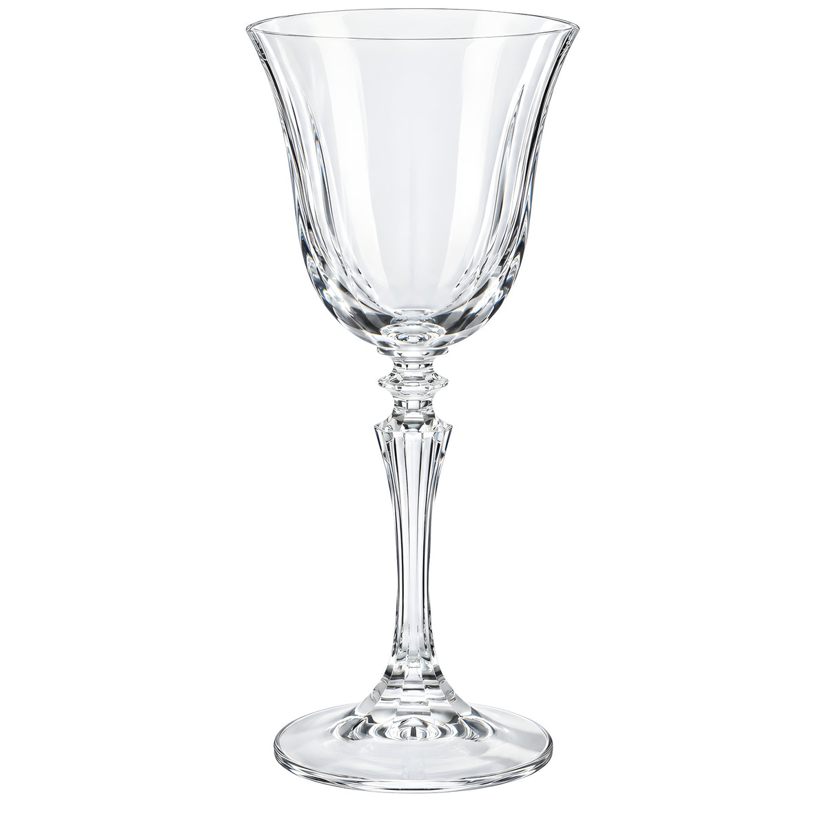Crystal stemware wine glass with classic design on white background.