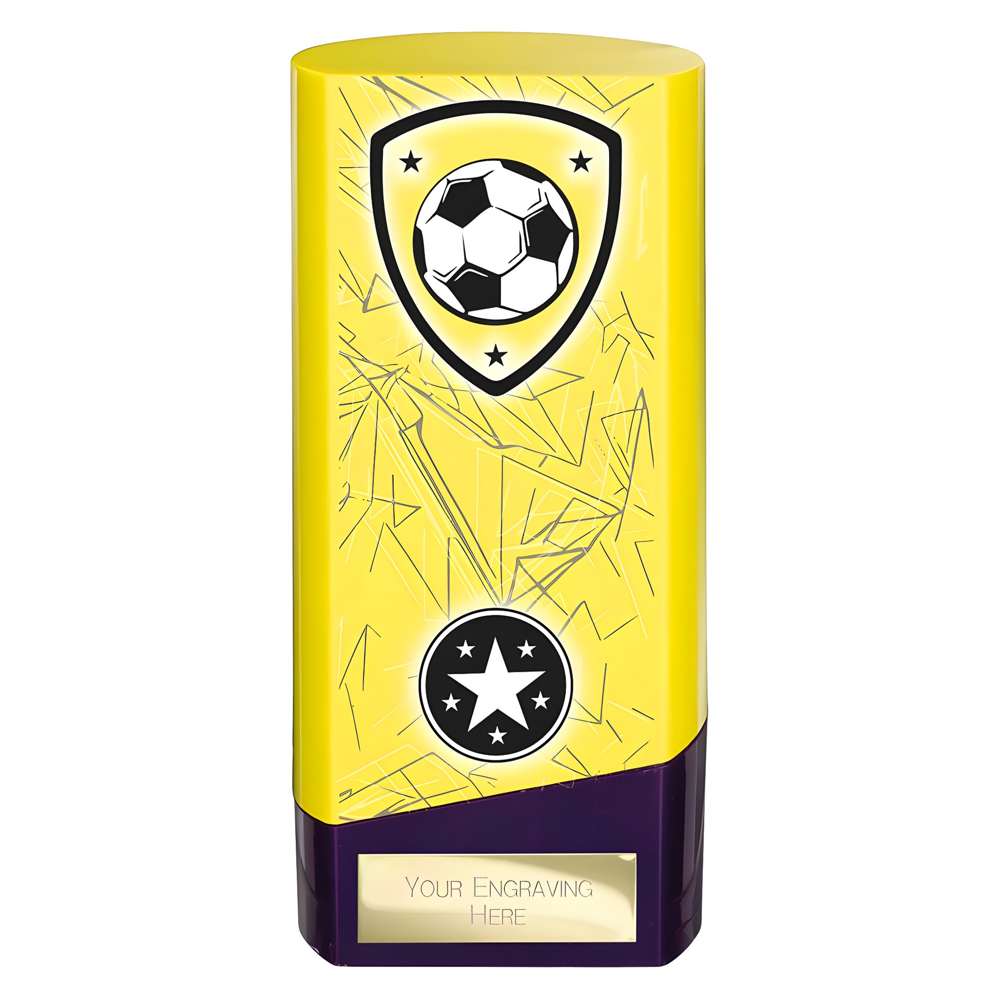 Yellow and purple soccer trophy with customizable engraving plate.
