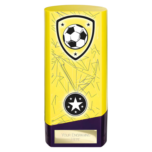 Yellow and purple soccer trophy with customizable engraving plate.