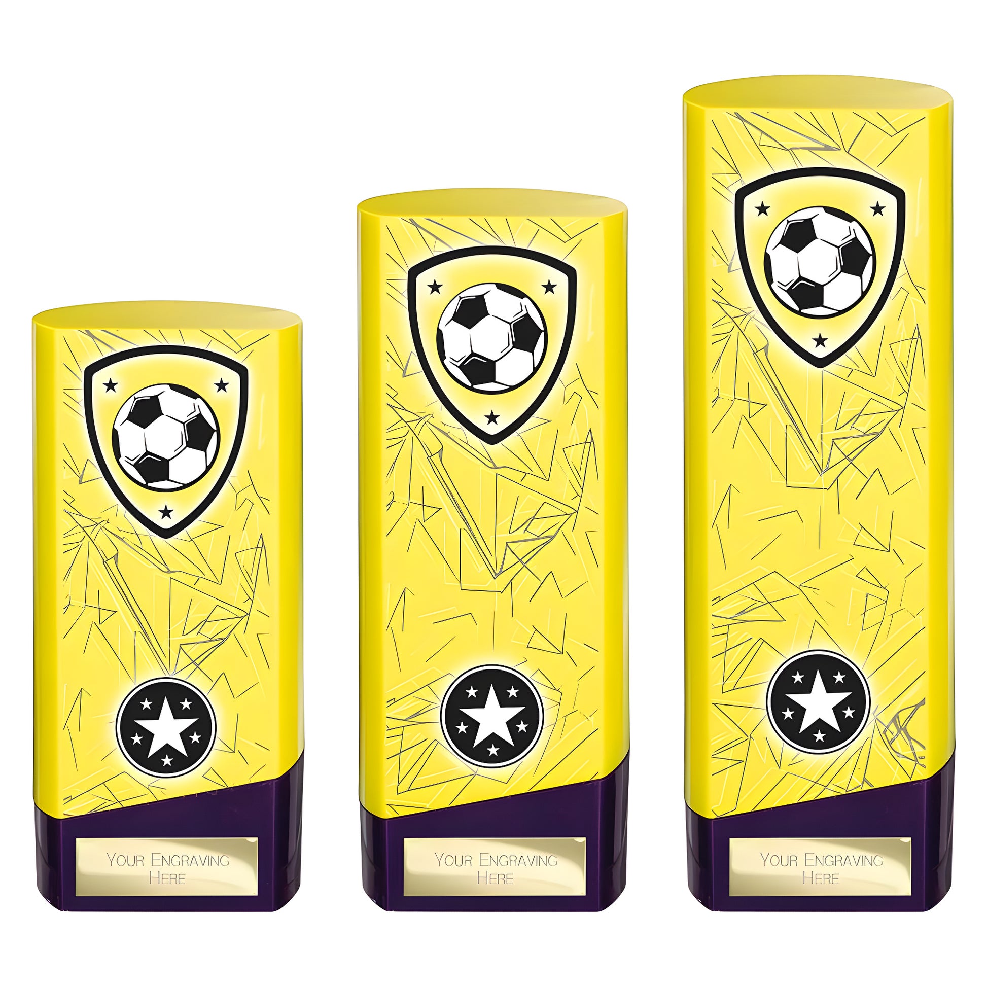 Three yellow and purple soccer trophies with football design, ready for custom engraving.