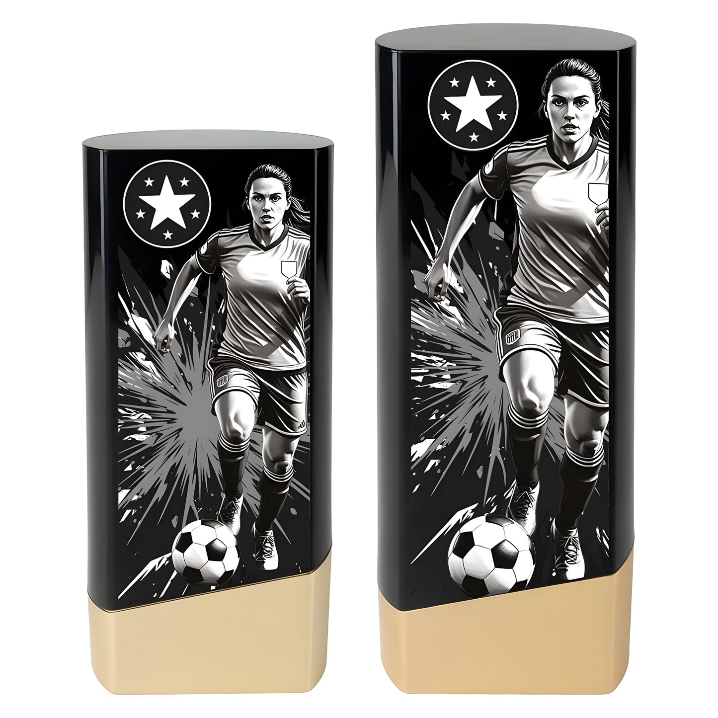 Black and gold football trophies with female soccer player design.