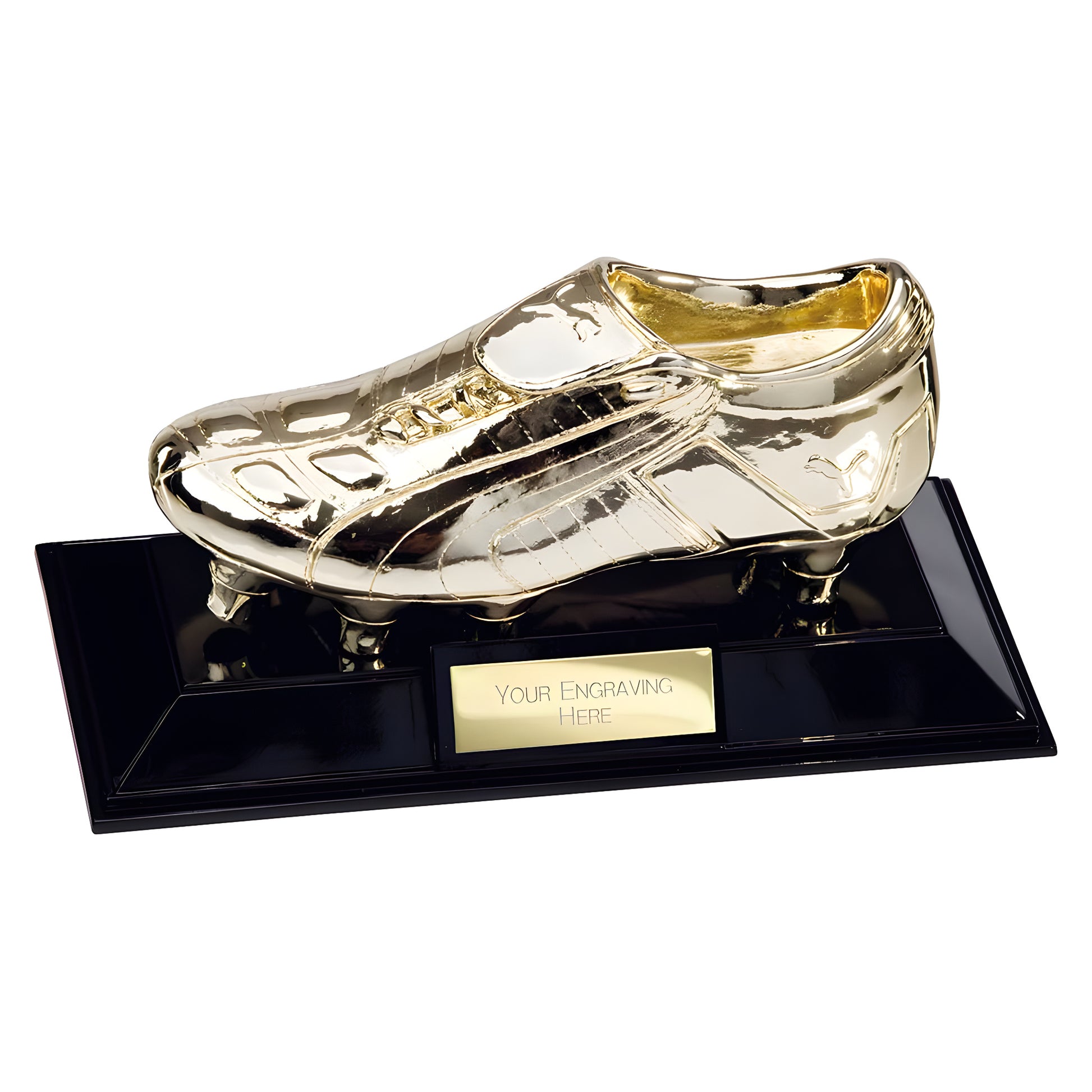 Golden Puma King football boot trophy with engraving plate on black base.