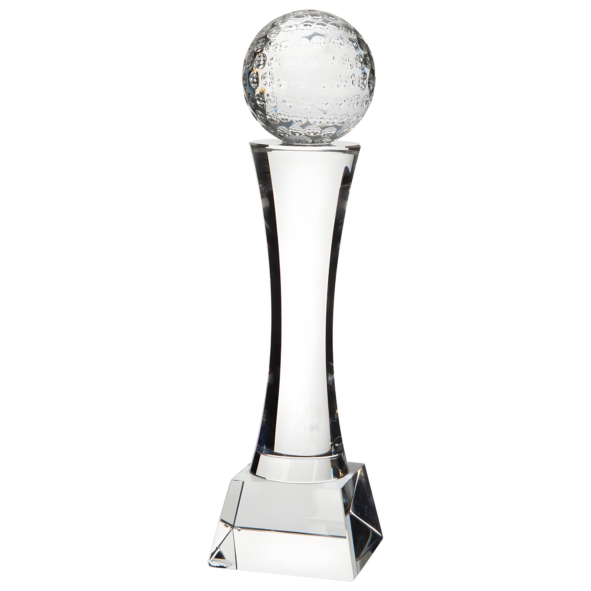 Elegant crystal golf award with a dimpled golf ball on a slender pedestal.