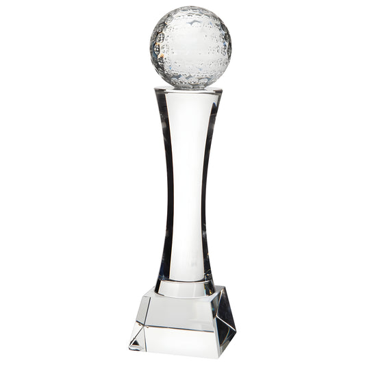 Elegant crystal golf award with a dimpled golf ball on a slender pedestal.