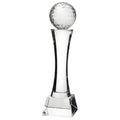 Elegant crystal golf award with a dimpled golf ball on a slender pedestal.