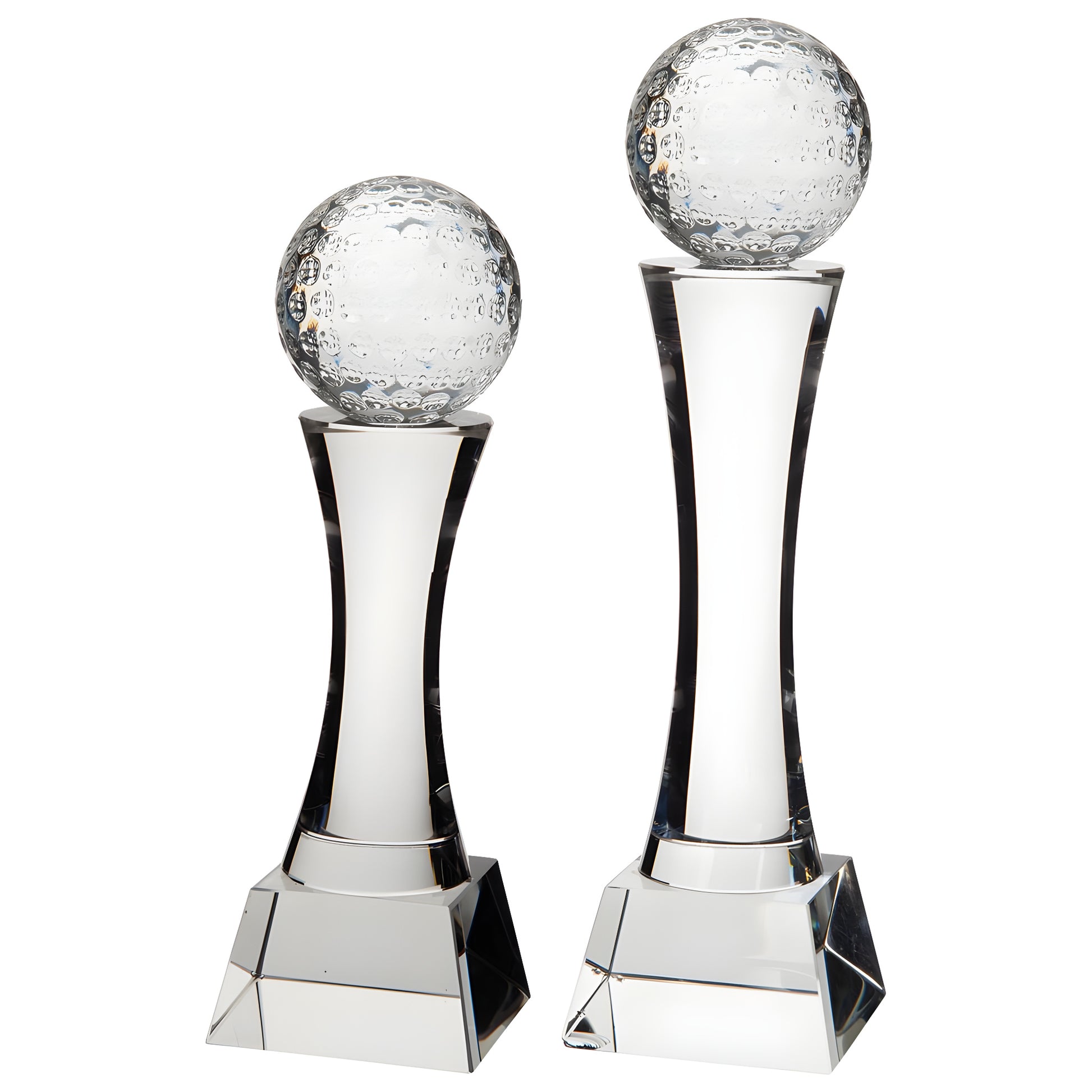 Crystal golf awards with glass golf ball tops on square bases.