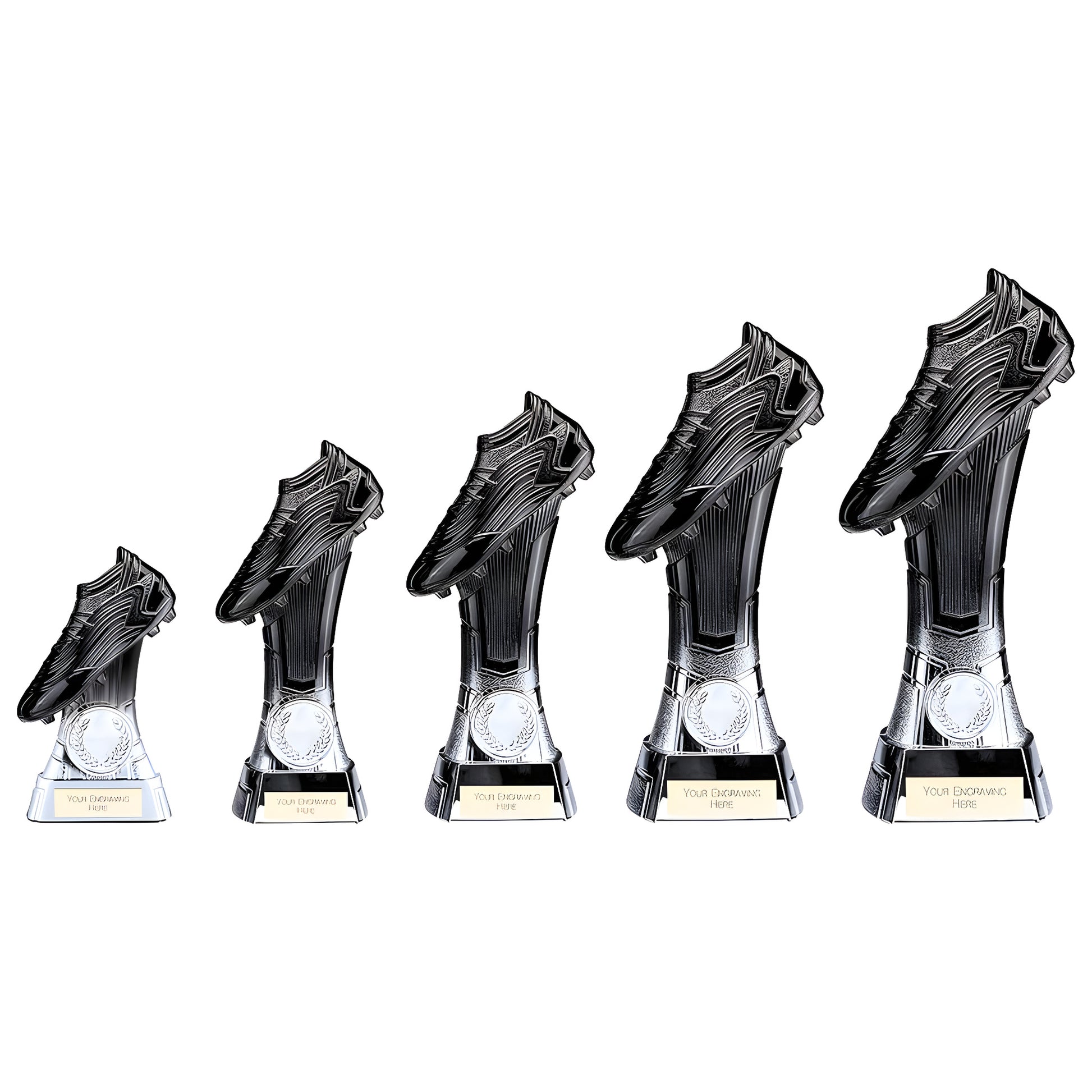 Five shoe-shaped football trophies in carbon black and ice platinum finish.