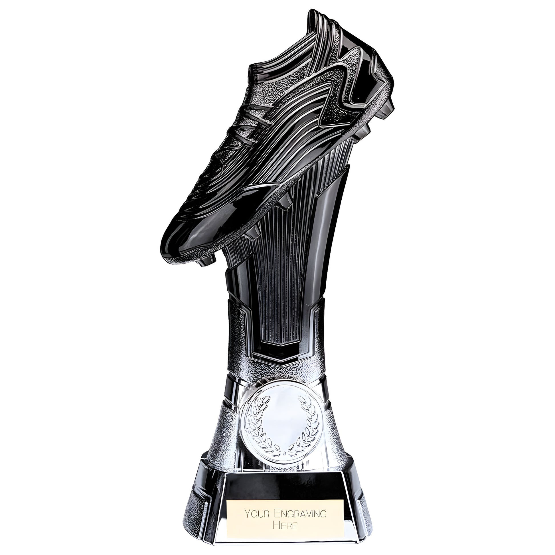 Football boot trophy in carbon black with engraving space on base