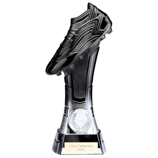 Football boot trophy in carbon black with engraving space on base