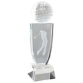 Crystal golf award with engraved golfer in swing position and detailed golf ball on top.