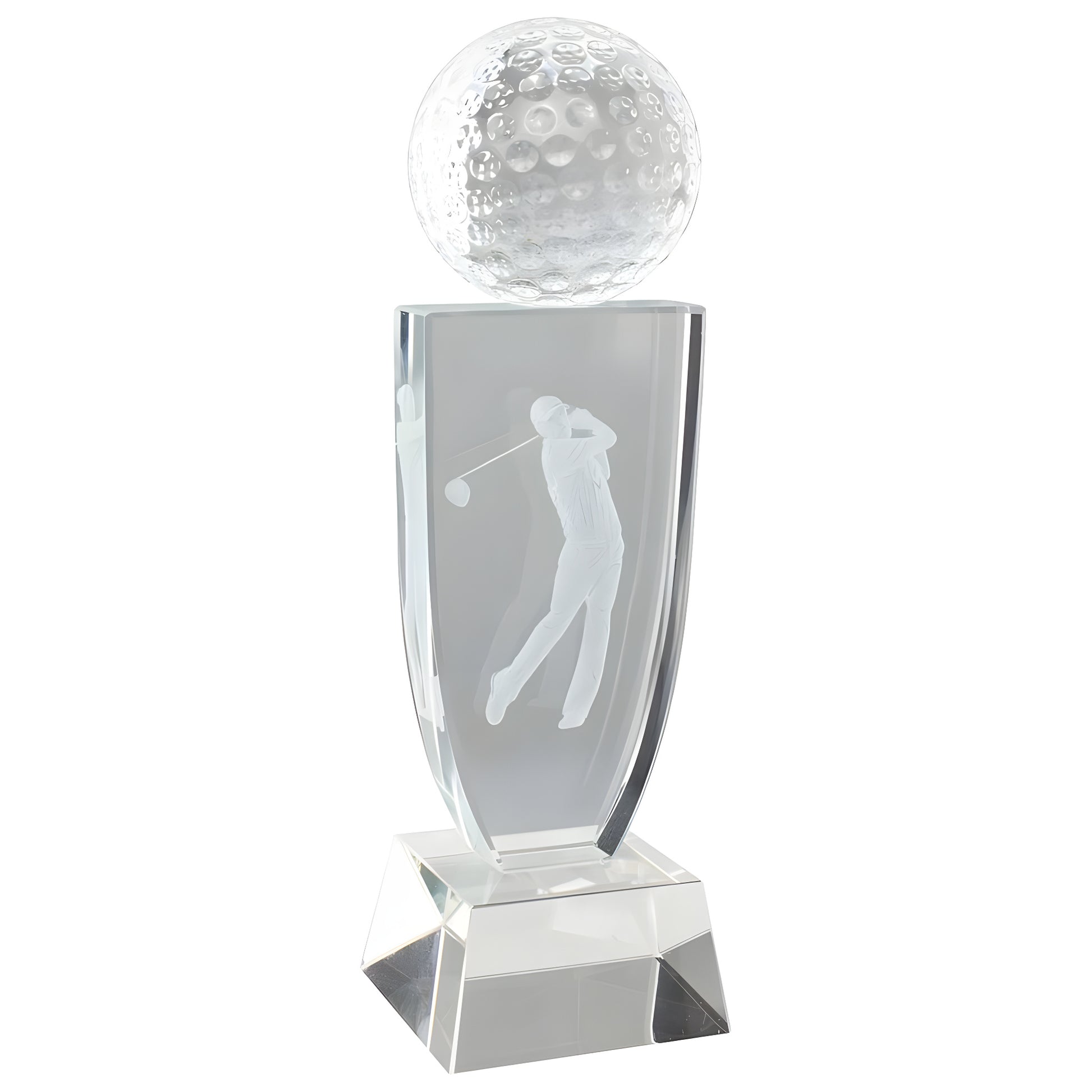 Crystal golf award with engraved golfer in swing position and detailed golf ball on top.