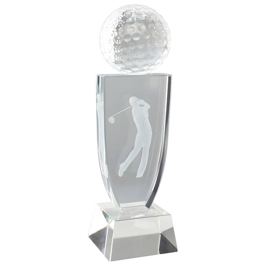 Crystal golf award with engraved golfer in swing position and detailed golf ball on top.