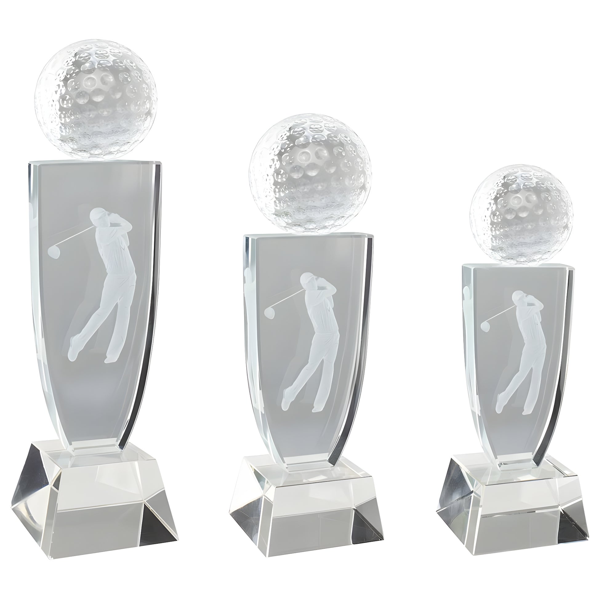 Crystal golf trophies with engraved golfer figures and golf ball designs.