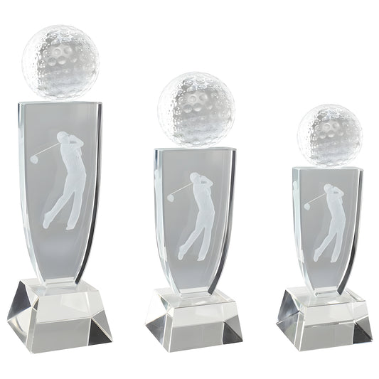 Crystal golf trophies with engraved golfer figures and golf ball designs.